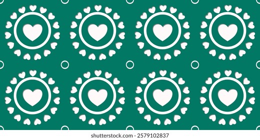 White Heart Seamless Pattern on green Background. Love romantic theme. Pattern hearts with Love for Valentine's Day. Valentines day background. Vector abstract texture with small hearts