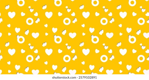 White Heart Seamless Pattern on yellow Background. Love romantic theme. Pattern hearts with Love for Valentine's Day. Valentines day background. Vector abstract texture with small hearts