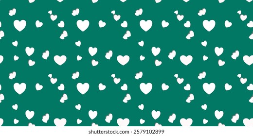 White Heart Seamless Pattern on green Background. Love romantic theme. Pattern hearts with Love for Valentine's Day. Valentines day background. Vector abstract texture with small hearts