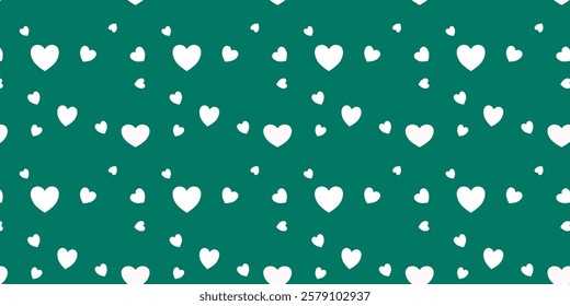 White Heart Seamless Pattern on green Background. Love romantic theme. Pattern hearts with Love for Valentine's Day. Valentines day background. Vector abstract texture with small hearts