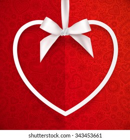 White heart shape frame hanging on silky ribbon with bow, vector greeting card template