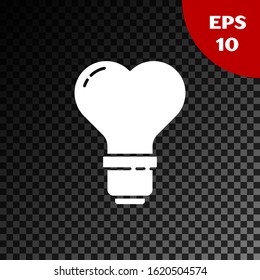 White Heart shape in a light bulb icon isolated on transparent dark background. Love symbol. Valentine day symbol.  Vector Illustration