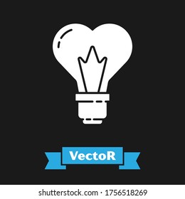 White Heart shape in a light bulb icon isolated on black background. Love symbol. 8 March. International Happy Women Day.  Vector Illustration