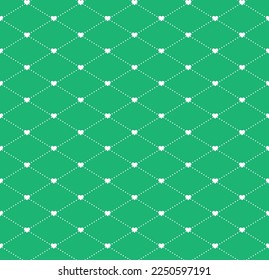 White heart shape linked with white dot diamond on green background. Happy Valentine's day. Heart pattern on green backdrop.