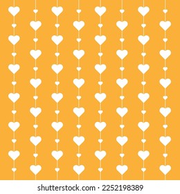 White heart shape linked with white vertical line on orange background. Happy Valentine's day. Heart pattern on orange backdrop. Lovely heart mobile.