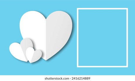 white heart shape paper cut on the light blue pastel background. Space for text. blank zone for fill text or font. valentine day festival.