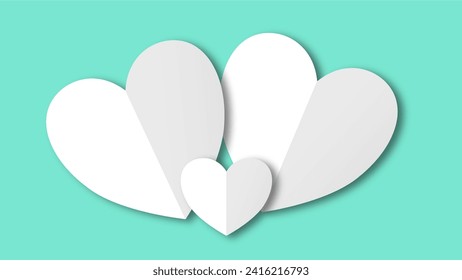 white heart shape paper cut on the green pastel background. Space for text. blank zone for fill text or font. valentine day festival.