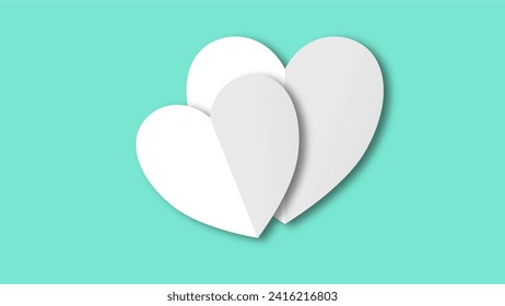 white heart shape paper cut on the green pastel background. Space for text. blank zone for fill text or font. valentine day festival.