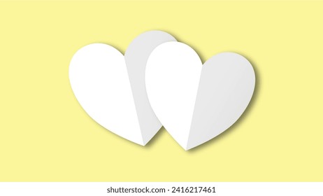 white heart shape paper cut on the yellow pastel background. Space for text. blank zone for fill text or font. valentine day festival.