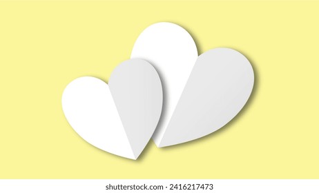 white heart shape paper cut on the yellow pastel background. Space for text. blank zone for fill text or font. valentine day festival.