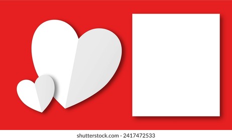 white heart shape paper cut on the red pastel background. Space for text. blank zone for fill text or font. valentine day festival.