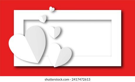 white heart shape paper cut on the red pastel background. Space for text. blank zone for fill text or font. valentine day festival.