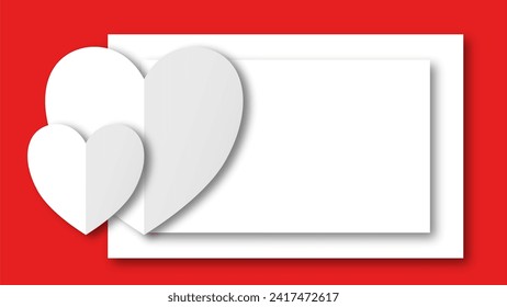 white heart shape paper cut on the red pastel background. Space for text. blank zone for fill text or font. valentine day festival.