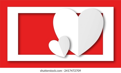 white heart shape paper cut on the red pastel background. Space for text. blank zone for fill text or font. valentine day festival.