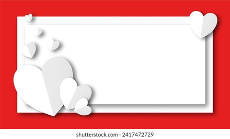 white heart shape paper cut on the red pastel background. Space for text. blank zone for fill text or font. valentine day festival.