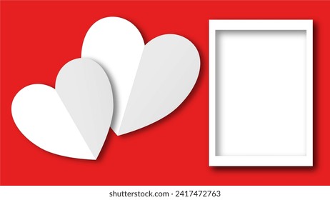 white heart shape paper cut on the red pastel background. Space for text. blank zone for fill text or font. valentine day festival.