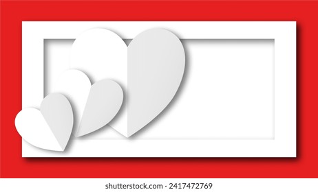 white heart shape paper cut on the red pastel background. Space for text. blank zone for fill text or font. valentine day festival.