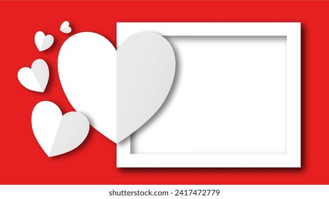 white heart shape paper cut on the red pastel background. Space for text. blank zone for fill text or font. valentine day festival.