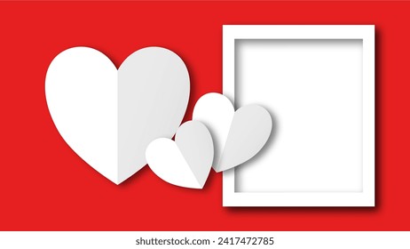 white heart shape paper cut on the red pastel background. Space for text. blank zone for fill text or font. valentine day festival.