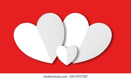 white heart shape paper cut on the red pastel background. Space for text. blank zone for fill text or font. valentine day festival.