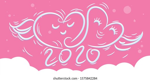 White heart shaped doodle, men and women with a smile on a pink ground, Valentines Day 2020. The concept of marriage