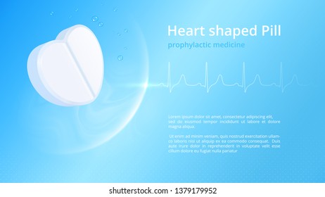 White heart shaped pill. Prophylactic medicine. Authentic cardiogram of a healthy person. Creative vector image. Blue wallpaper. Healthcare poster. Pharmaceutical concept. Medical business card design