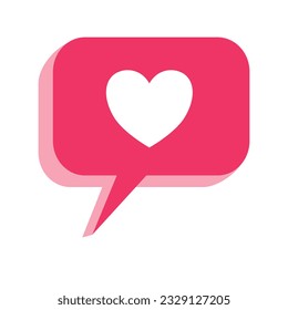 El corazón blanco forma una burbuja de habla roja. 3d Texto del corazón, icono del amor, emoji de los medios sociales, reacción de stickers.