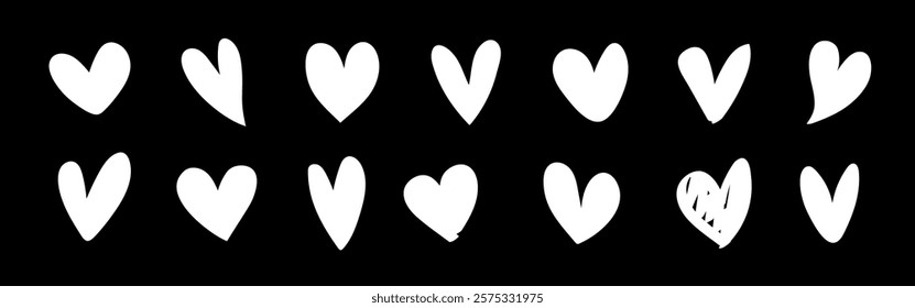 White heart shapes on a black background. Heart pattern, heart collection. Valentine's element vector set.
