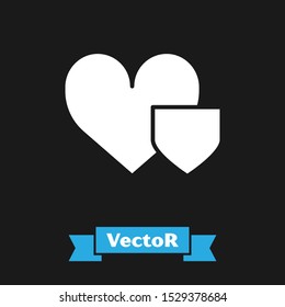 White Heart with shield icon isolated on black background. Love symbol. Insurance concept. Security, safety, protection, protect concept.  Vector Illustration