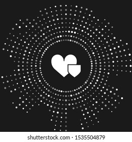 White Heart with shield icon isolated on grey background. Love symbol. Insurance concept. Security, safety, protection, protect concept. Abstract circle random dots. Vector Illustration