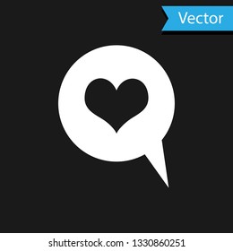 White Heart in speech bubble icon isolated on black background. Heart shape in message bubble. Love sign. Valentines day symbol. Vector Illustration