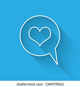 White Heart in speech bubble icon isolated with long shadow. Heart shape in message bubble. Love sign. Valentines day symbol. Vector Illustration