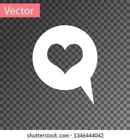 White Heart in speech bubble icon isolated on transparent background. Heart shape in message bubble. Love sign. Valentines day symbol. Vector Illustration