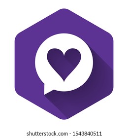 White Heart in speech bubble icon isolated with long shadow. Heart shape in message bubble. Love sign. Valentines day symbol. Purple hexagon button. Vector Illustration