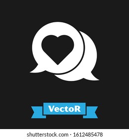 White Heart in speech bubble icon isolated on black background.  Vector Illustration