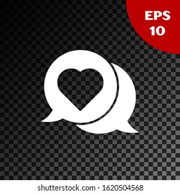White Heart in speech bubble icon isolated on transparent dark background.  Vector Illustration