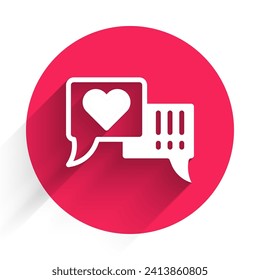 White Heart in speech bubble icon isolated with long shadow. Red circle button. Vector