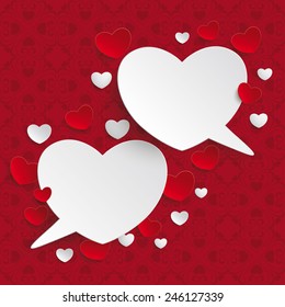White heart speech bubbles and ornaments on the red background. Eps 10 vector file.