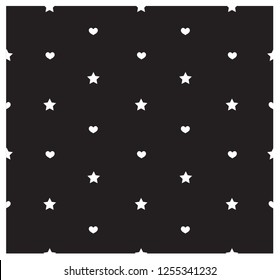White heart and star on black background. Black and white seamless pattern
