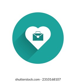 White Heart with text work icon isolated with long shadow. Green circle button. Vector