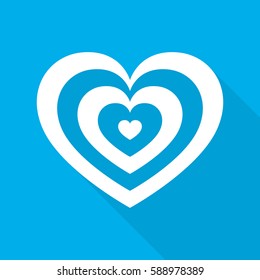 White heart for the Valentine's day. Abstract heart with long shadow on blue background in flat design. Vector illustration.
