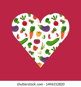 White heart with vegetables pattern on red background. Colorful fresh vegetables - carrot, radish, bell pepper, squash, beet, eggplant, broccoli, tomato. I like veggies, love veggies concept.