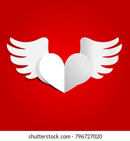 White heart with wings on a red background. Valentine's Day.
