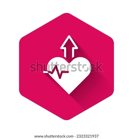 White Heartbeat increase icon isolated with long shadow background. Increased heart rate. Pink hexagon button. Vector
