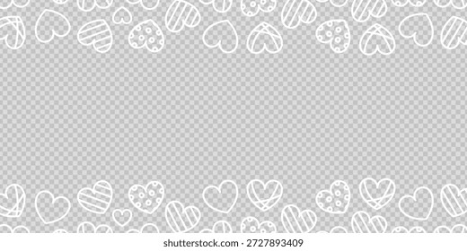 Marco de borde de corazones blancos. Fondo de PNG. San Valentín, amor, romance, pasión, concepto romántico. Elemento decorativo para la boda, vacaciones, celebrar, Anuncio. Ilustración vectorial. Diseño plano.