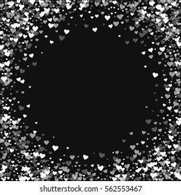 White hearts confetti. Bordered frame on black valentine background. Vector illustration.