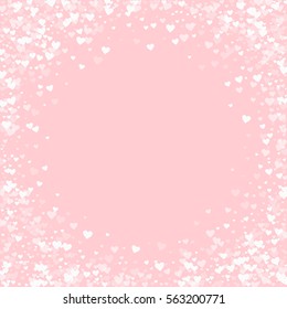 White hearts confetti. Bordered frame on pale_pink valentine background. Vector illustration.