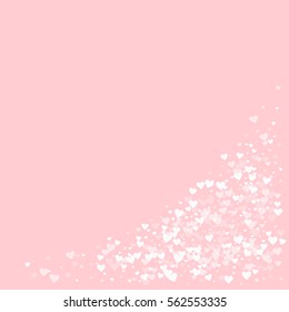 White hearts confetti. Bottom right corner on pale_pink valentine background. Vector illustration.