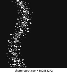 White hearts confetti. Left wave on black valentine background. Vector illustration.