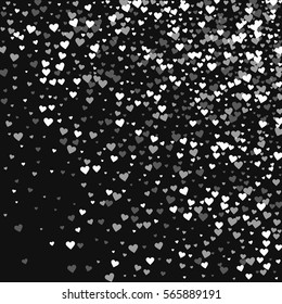 White hearts confetti. Random gradient scatter on black valentine background. Vector illustration.